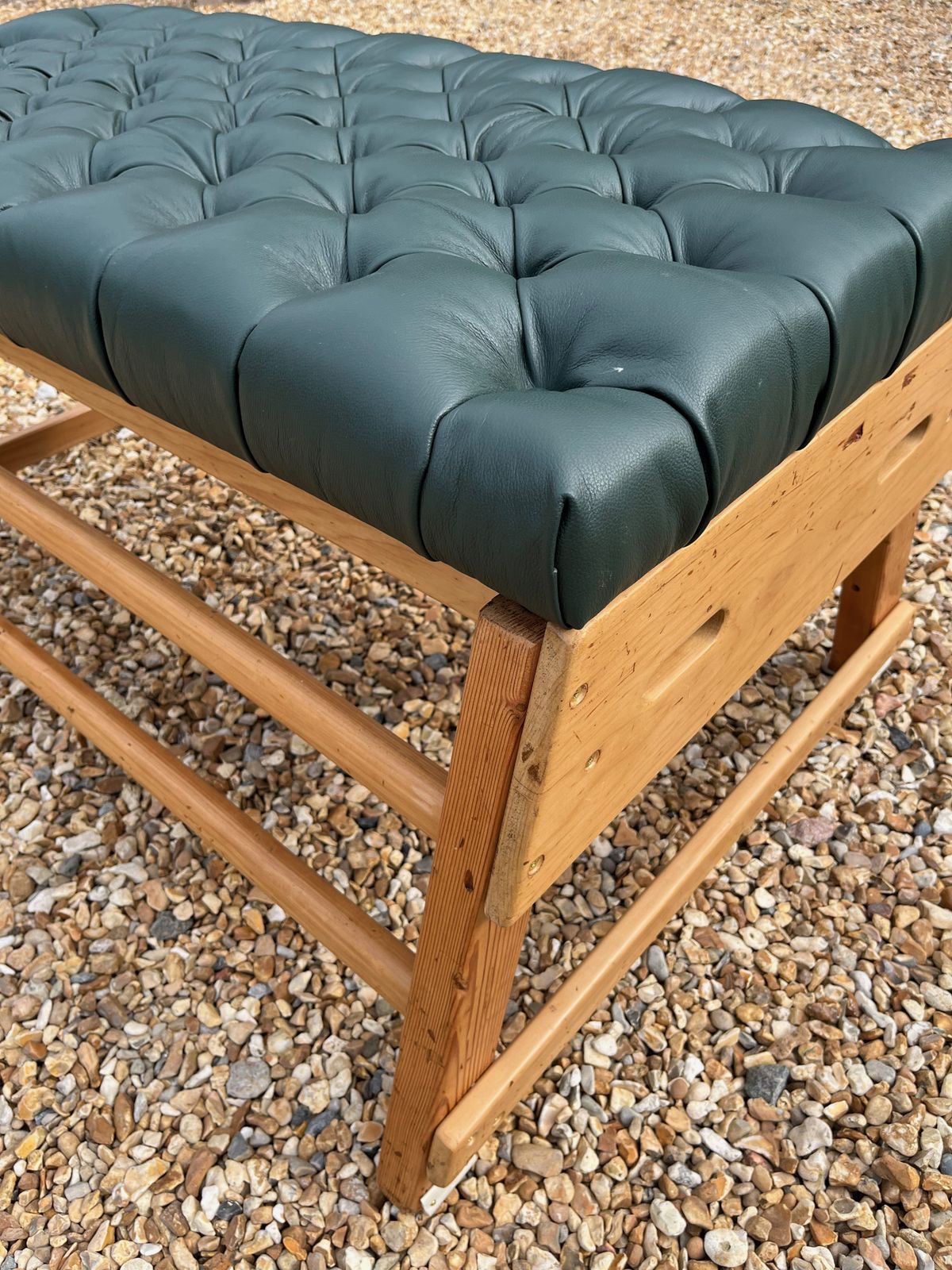 Vintage School Gym Bench Upholstered Green Leather Chesterfield Style W/Buttons photo furniture