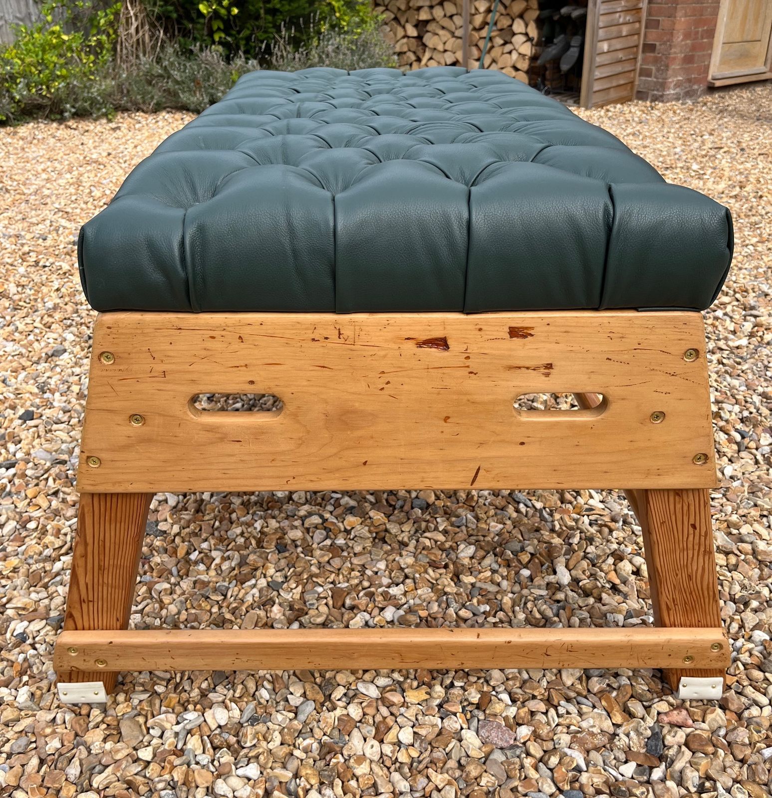 Vintage School Gym Bench Upholstered Green Leather Chesterfield Style W/Buttons photo Furniture