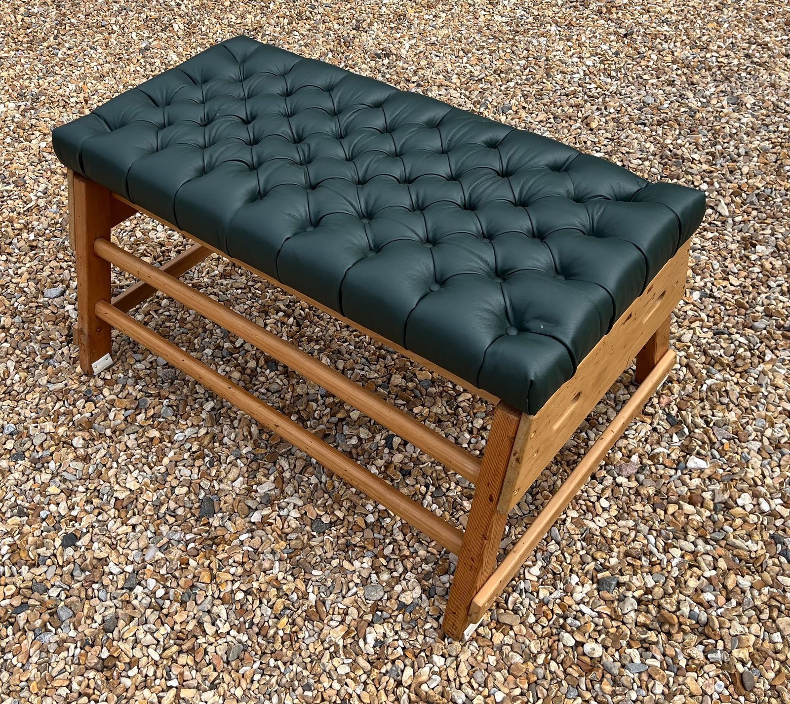 Vintage School Gym Bench Upholstered Green Leather Chesterfield Style W/Buttons photo vinterior
