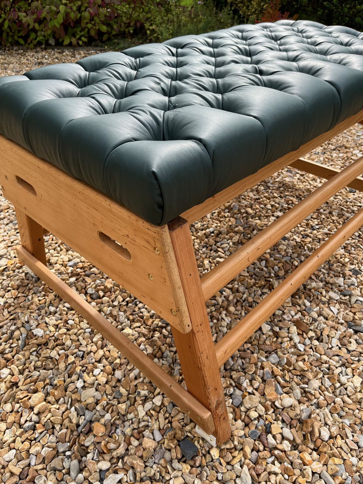 449.0 Vintage School Gym Bench Upholstered Green Leather Chesterfield Style W/Buttons photo