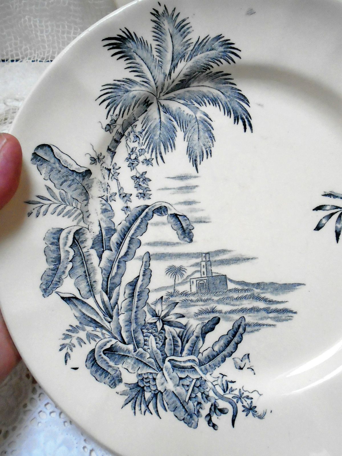 Rare Antique Cream French Ironstone Plate, Longchamp, 'Exotique', Banana Palms With Parrot, Blue Gray Transferware photo furniture