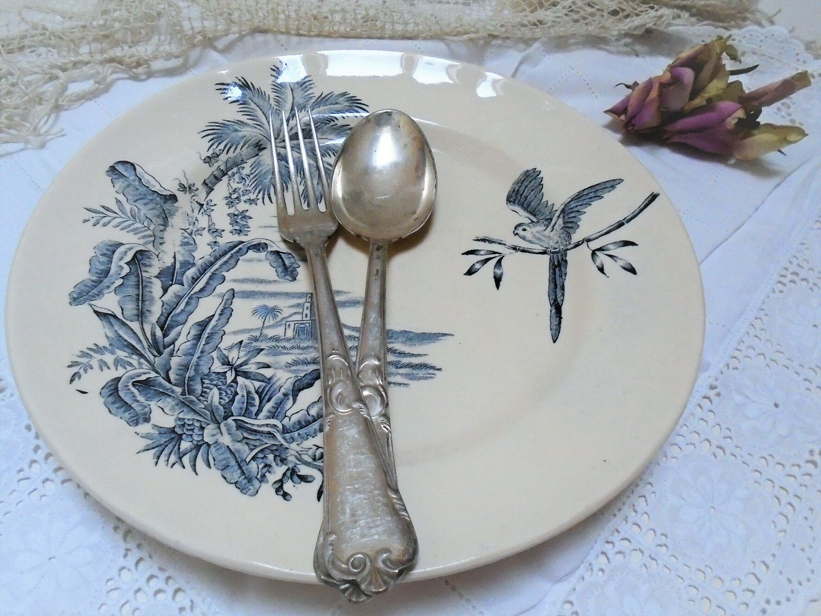 Rare Antique Cream French Ironstone Plate, Longchamp, 'Exotique', Banana Palms With Parrot, Blue Gray Transferware photo 51.0