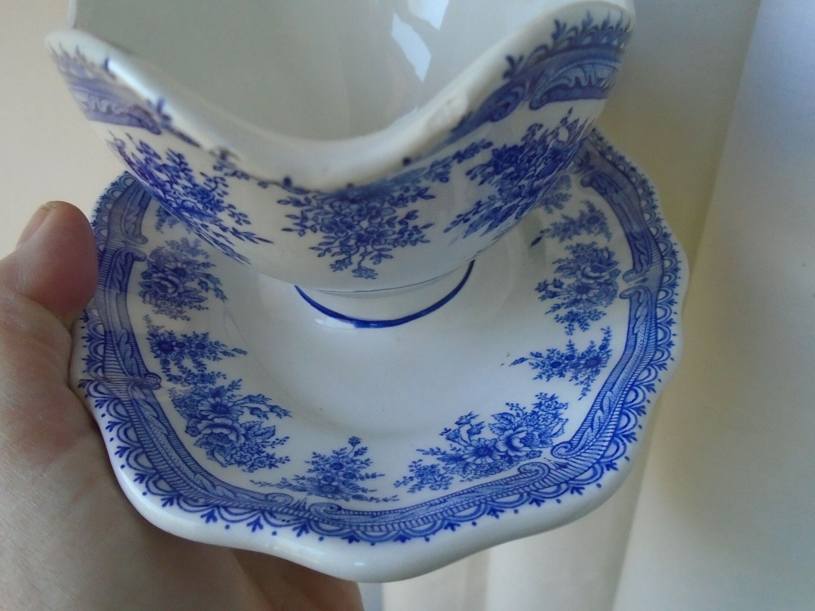 Beautiful Antique French Luneville Special Grand Feu, Sauciere / Sauce Boat, Blue And White, All In One, Porcelaine photo buy