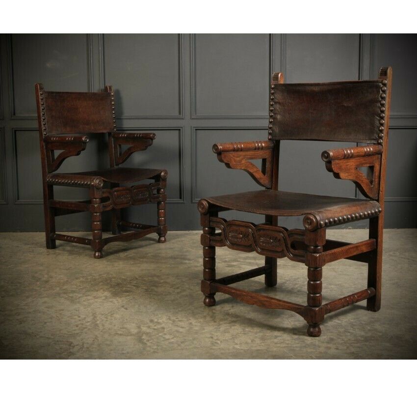 Pair Of Oak And Leather Armchairs