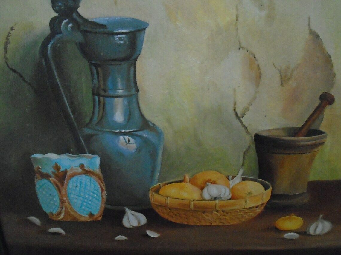 Vintage Original Framed French Still Life Oil Painting Of Pewter Pitcher, Wicker Basket With Garlic And Onions, With Pestle And Mortar,