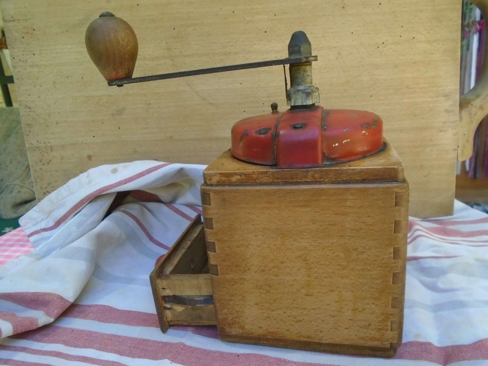 Antique French Peugot Freres Mechanical Coffee Grinder, Red Metal Lid And Hand Made Wood Case With Drawer photo vinterior