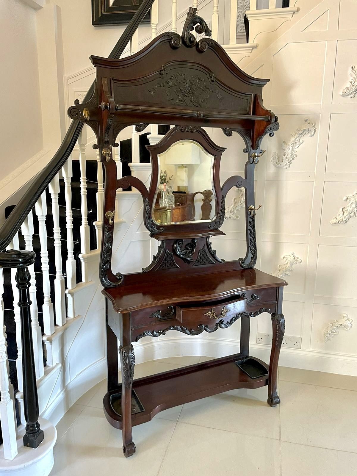 Furniture Quality Antique 19th Century Carved Mahogany Hall Stand photo