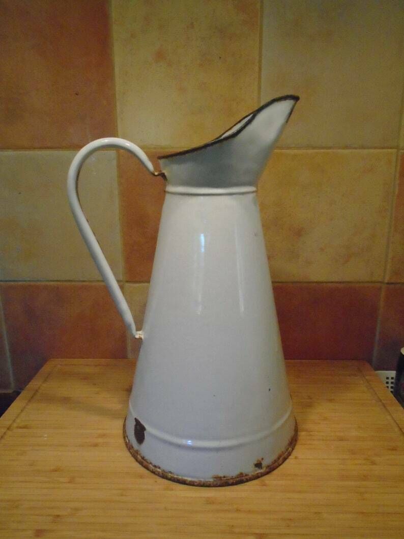 Antique French White Enamel Pitcher Shabby Chic Home Decor, French Country Style photo Home Decor
