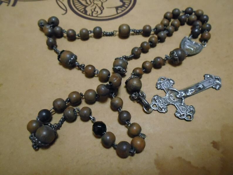Beautiful French Antique 5 Decade Rosary Wood Beads And Silver Crucifix And Medal photo furniture