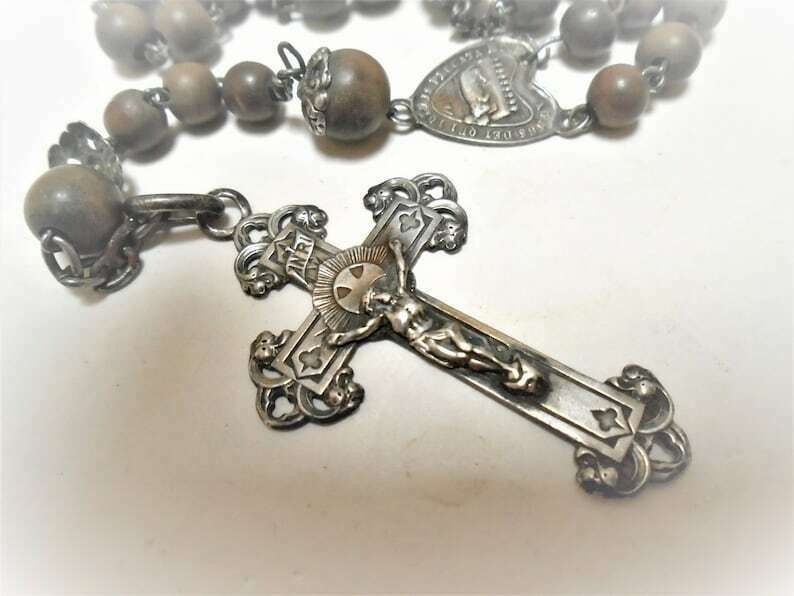 Beautiful French Antique 5 Decade Rosary Wood Beads And Silver Crucifix And Medal photo Home Decor