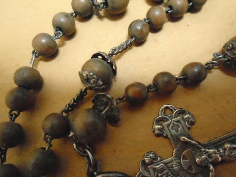 Beautiful French Antique 5 Decade Rosary Wood Beads And Silver Crucifix And Medal photo buy
