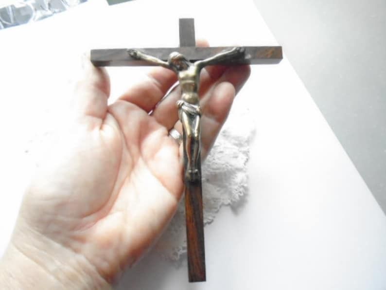 Vintage French Wall Crucifix Slim Wall Crucifix Wood Cross And Brass Corpus Of Christ Religious Wall Hanging photo Art