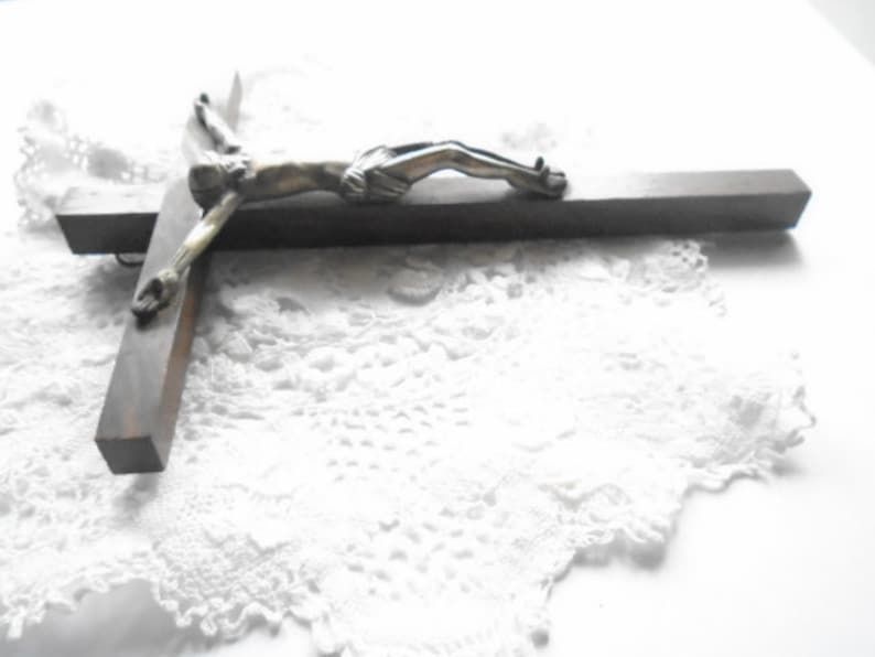 Vintage French Wall Crucifix Slim Wall Crucifix Wood Cross And Brass Corpus Of Christ Religious Wall Hanging photo 83.0