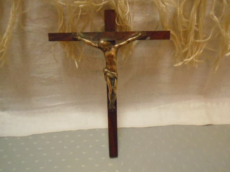 Vintage French Wall Crucifix Slim Wall Crucifix Wood Cross And Brass Corpus Of Christ Religious Wall Hanging photo vinterior