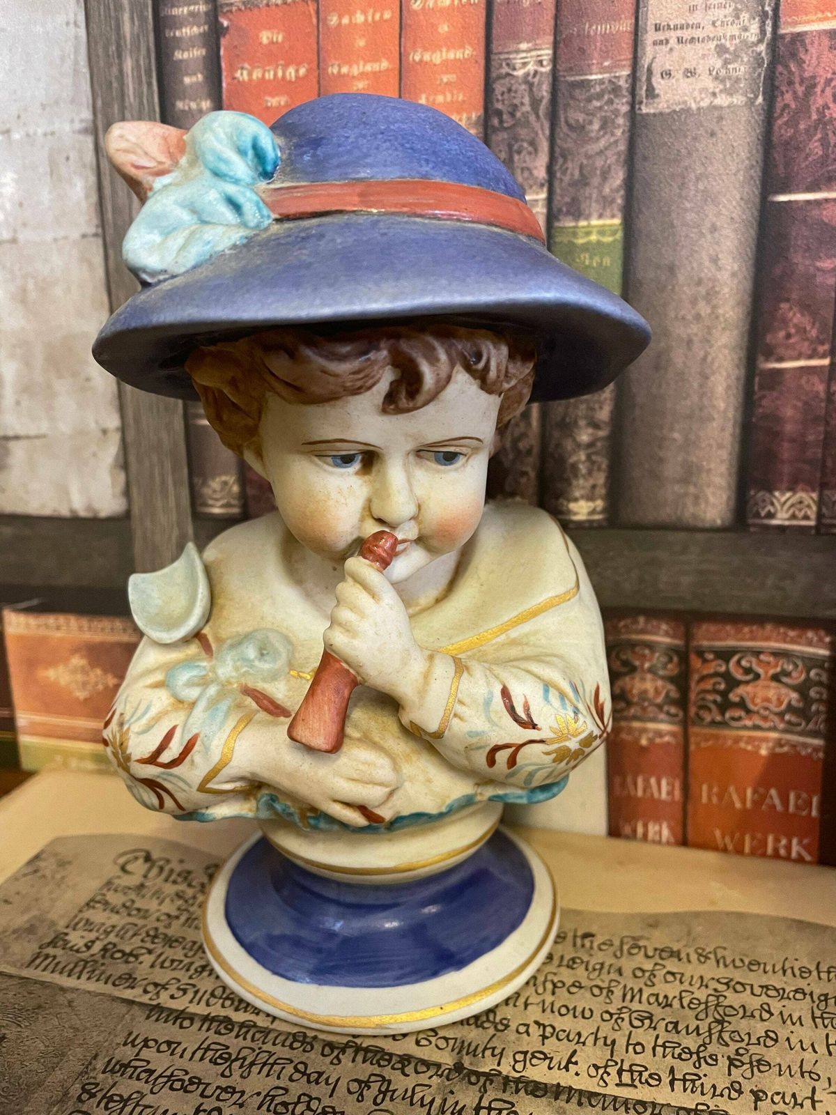 Pair Of Nymphenburg Porcelain Style Bisque Boy With Horn Girl With Lamb In Blue Hats Figures Antique photo furniture