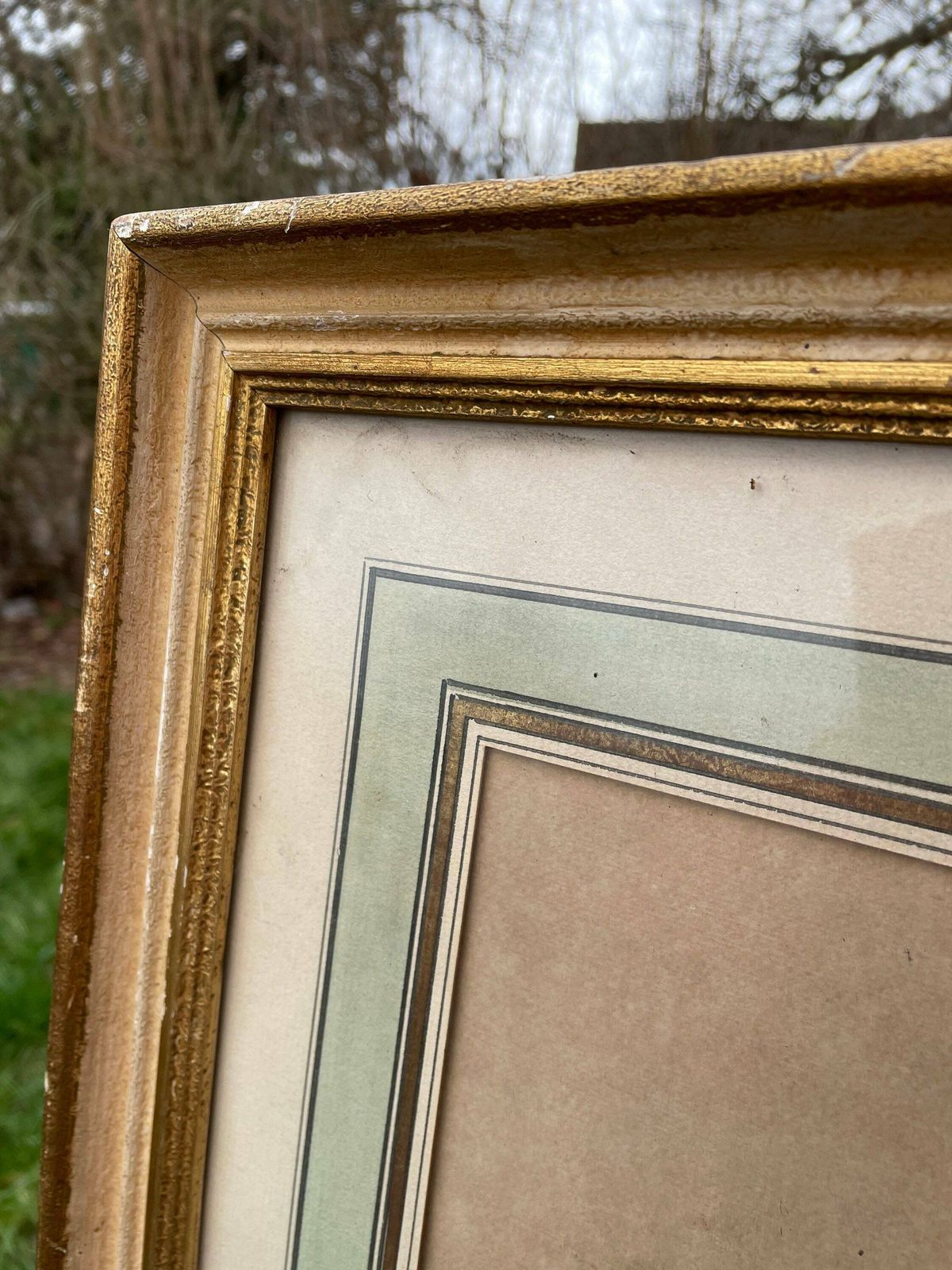 Large Watercolour Floral Shabby Chic Vintage Rustic Painting In Gold Distressed Frame With Green Watercolour Mount photo Art