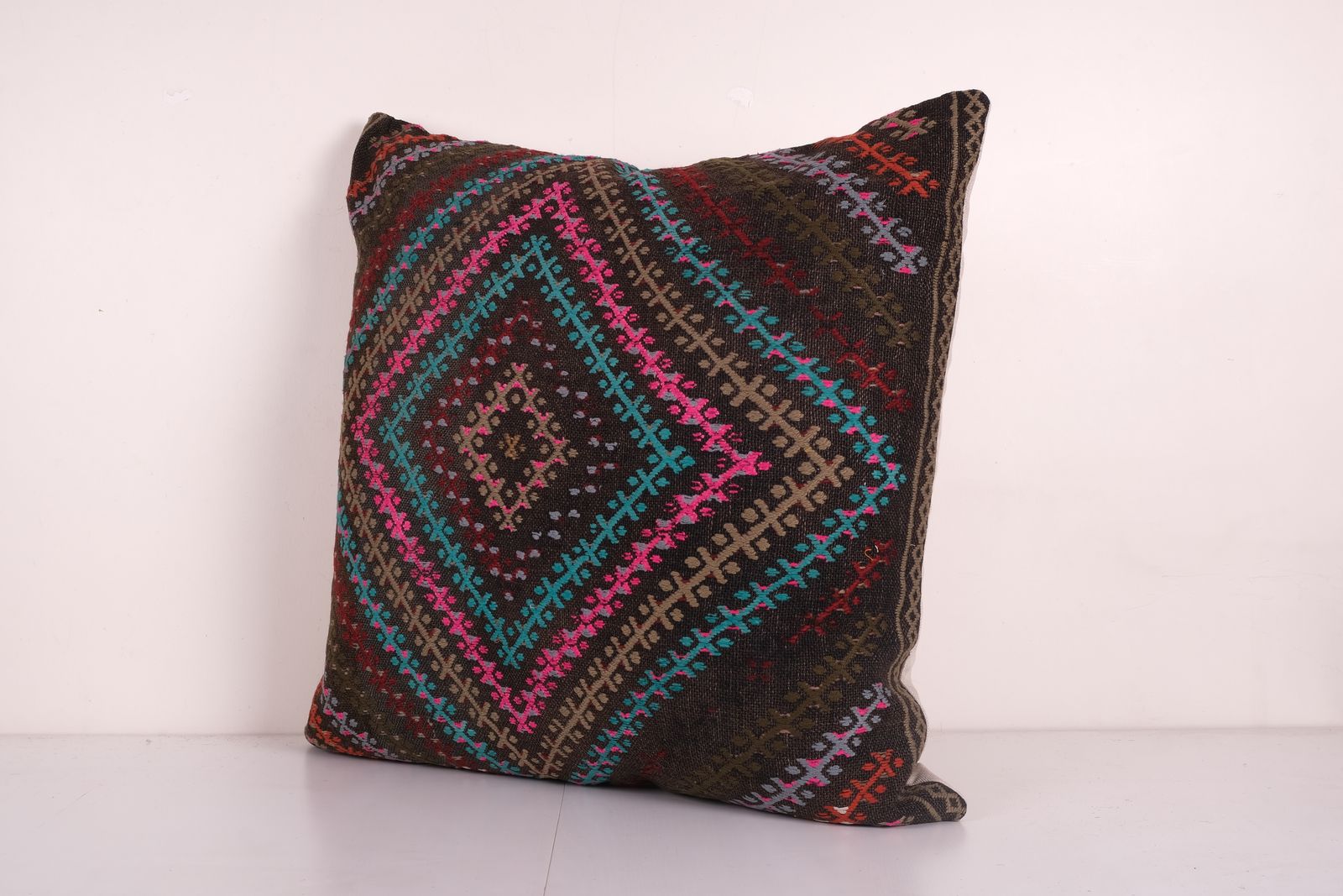 Geometric Turkish Kilim Pillow Cover, Anatolian Kilim Square Pillow Cover, Unique Patterned Throw Pillow 28'' X 28'' photo furniture