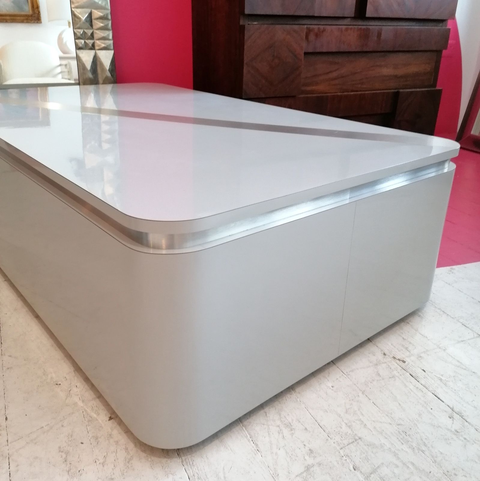 Large Post Modern Vintage 1980s American Grey Laminate Coffee Table With Inlaid Steel Stripe & Recessed Trim. photo Furniture