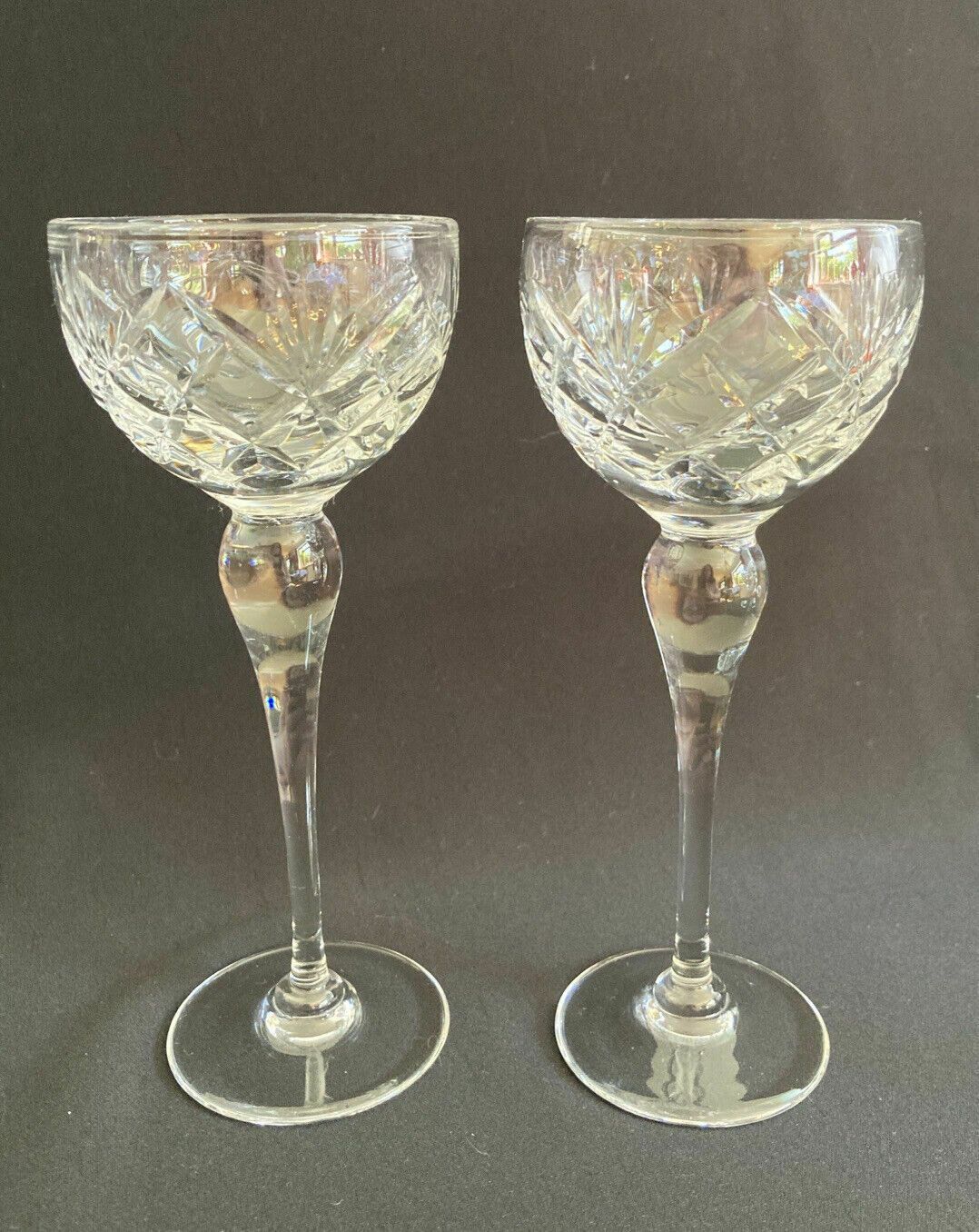 Vintage 1970s Set Of 6 Tall Handblown Cut Glass Hock Wine Glasses photo for sale