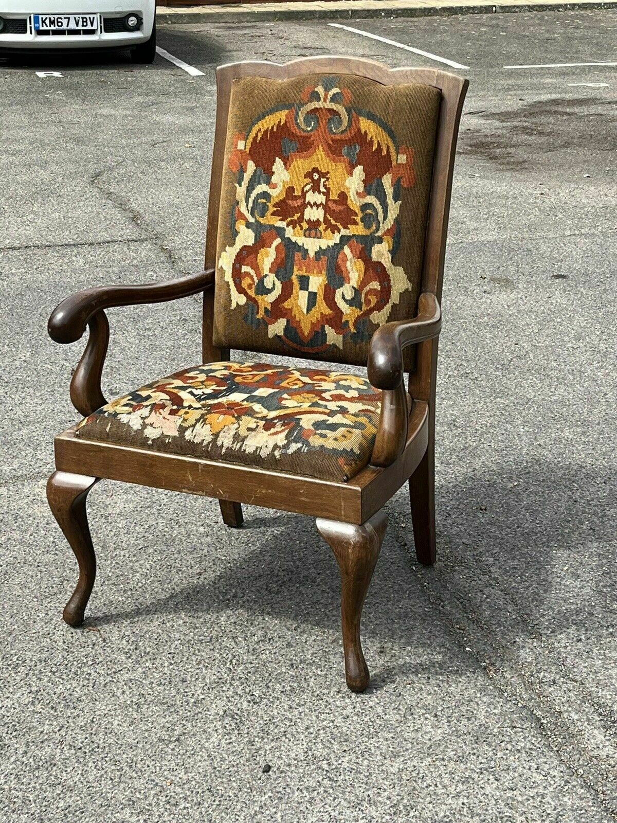 Victorian Oak Gentlemans Library Armchair With Coat Of Arms Tapestry. photo for sale