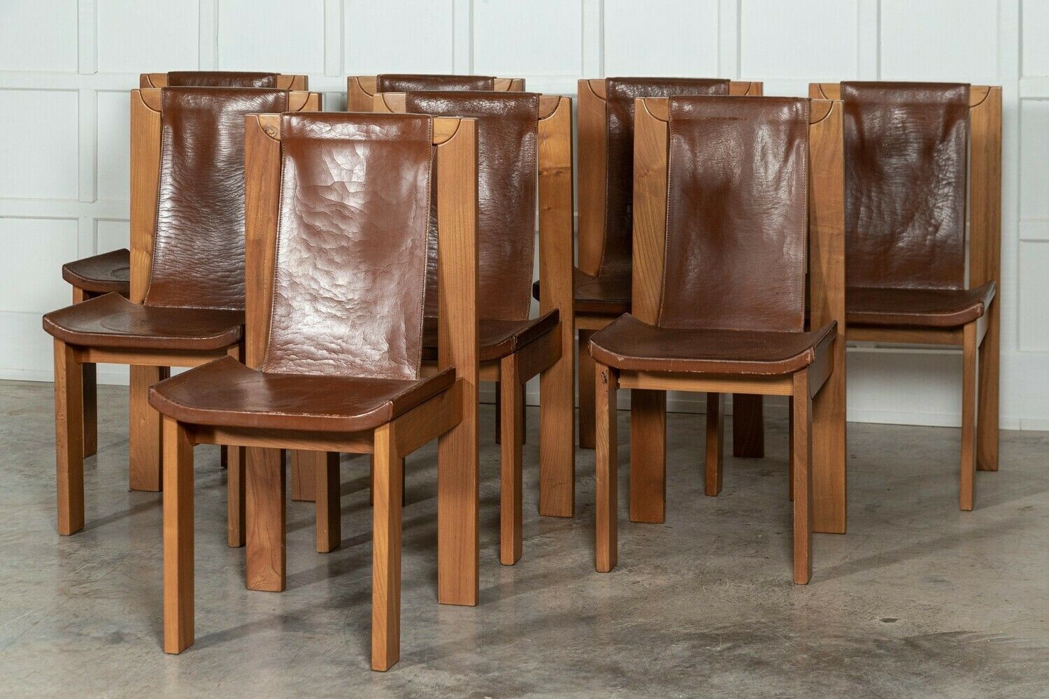 Set 8 French Roland Haeusler Elm And Leather Brutalist Chairs photo for sale