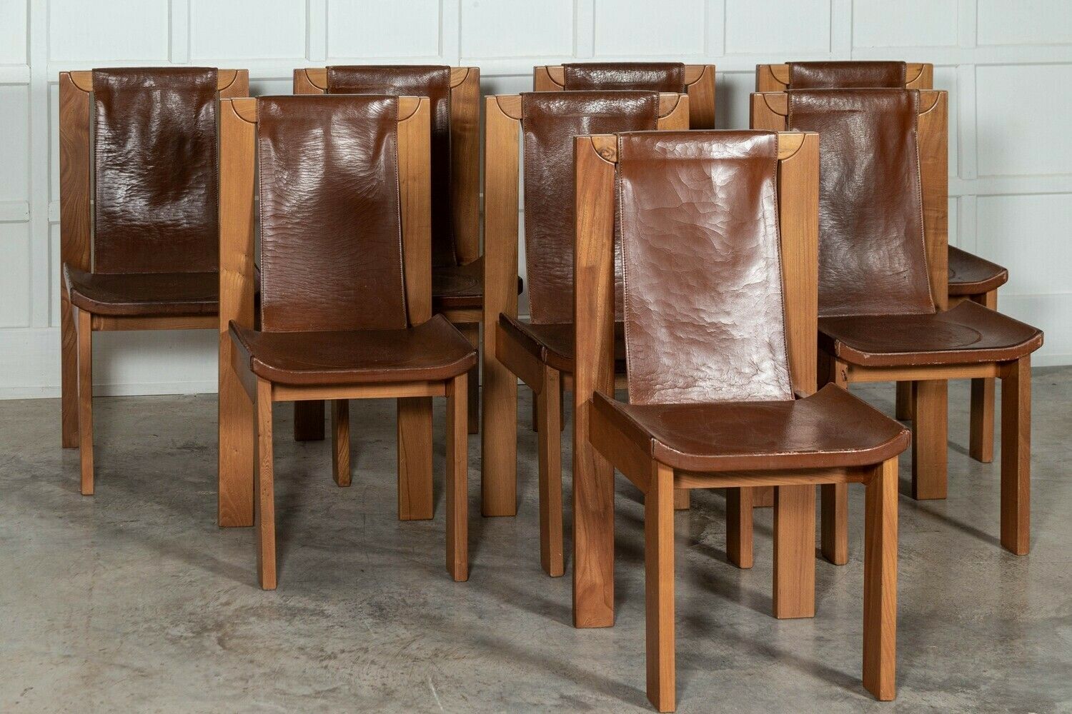 Set 8 French Roland Haeusler Elm And Leather Brutalist Chairs photo Furniture