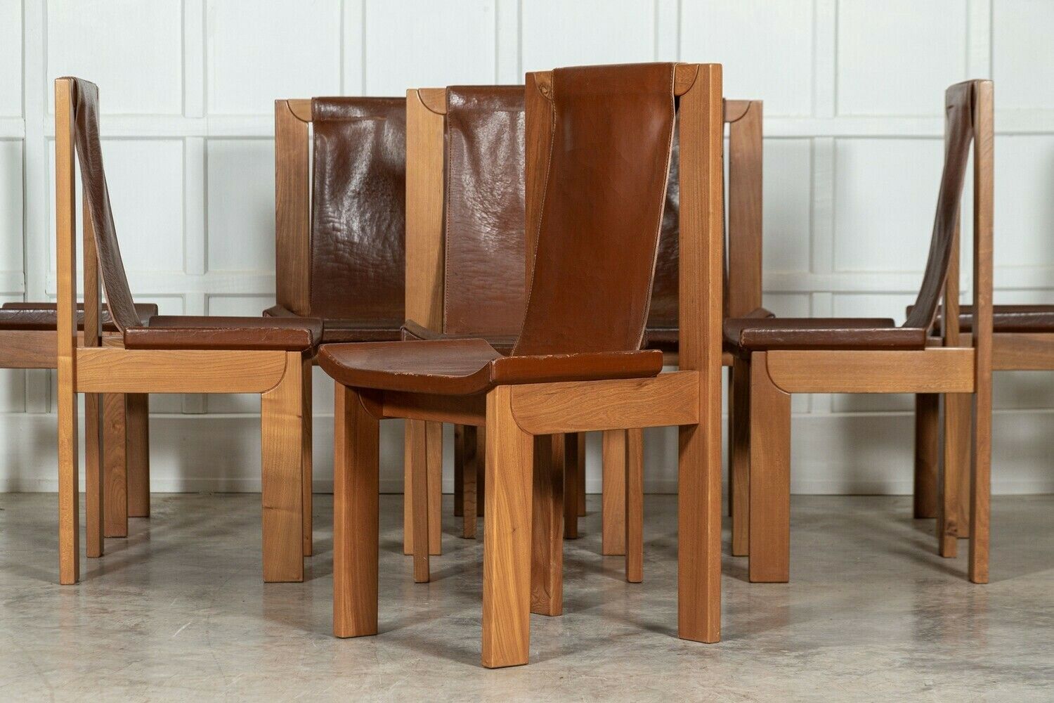 Set 8 French Roland Haeusler Elm And Leather Brutalist Chairs photo vintage