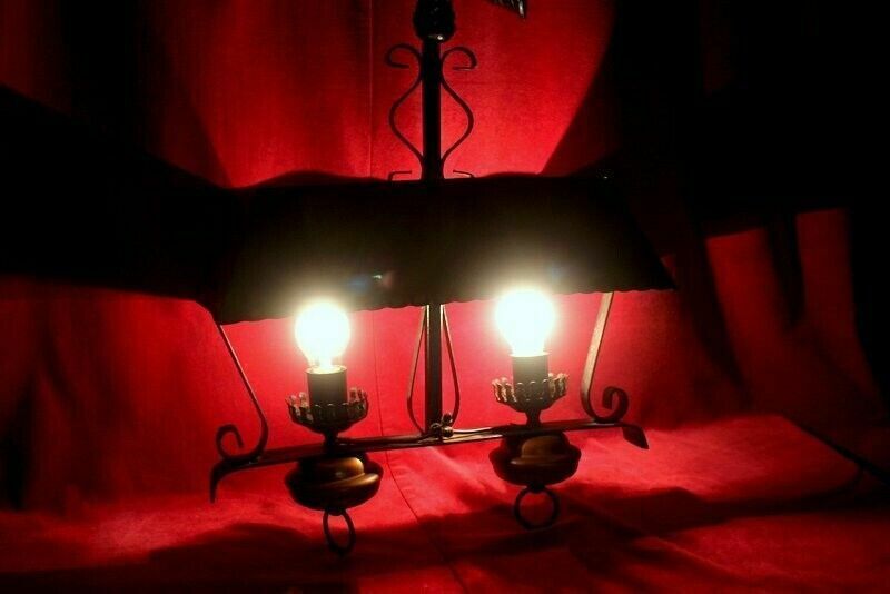 Lighting Antique French Copper And Cast Iron Lamp 2 Lights Rustic Gothic Chandelier photo