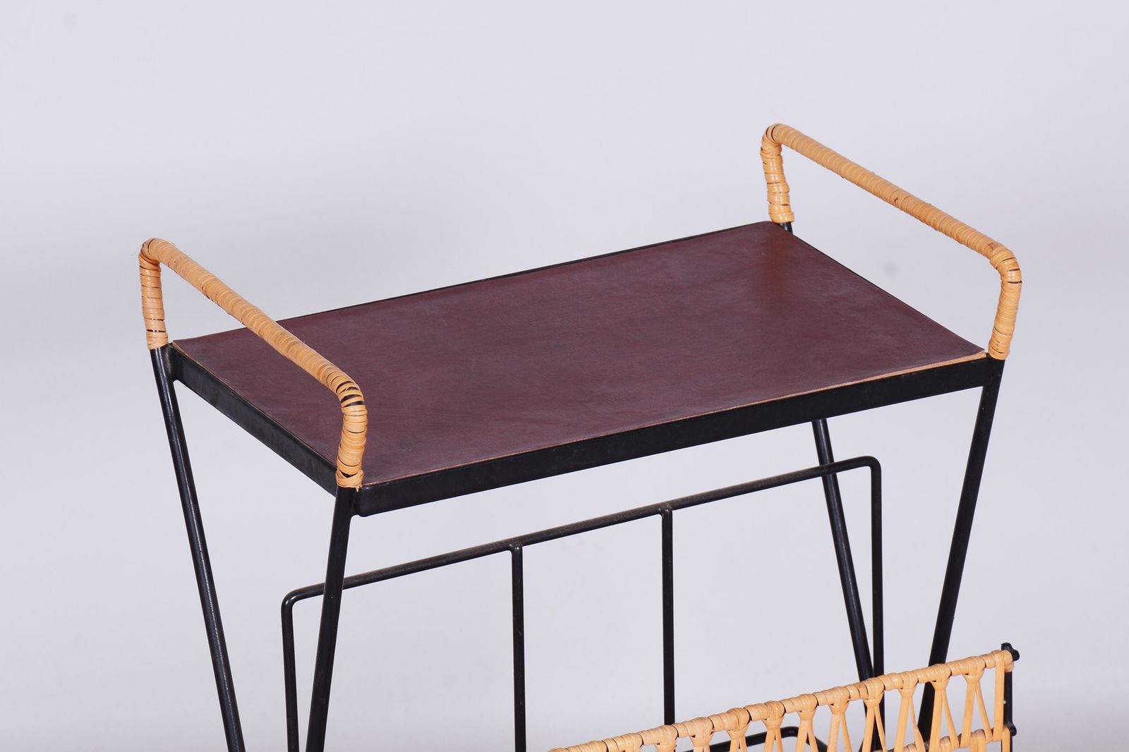 Original Midcentury Side Table, Metal, Rattan, Scandinavia, 1960s photo Furniture