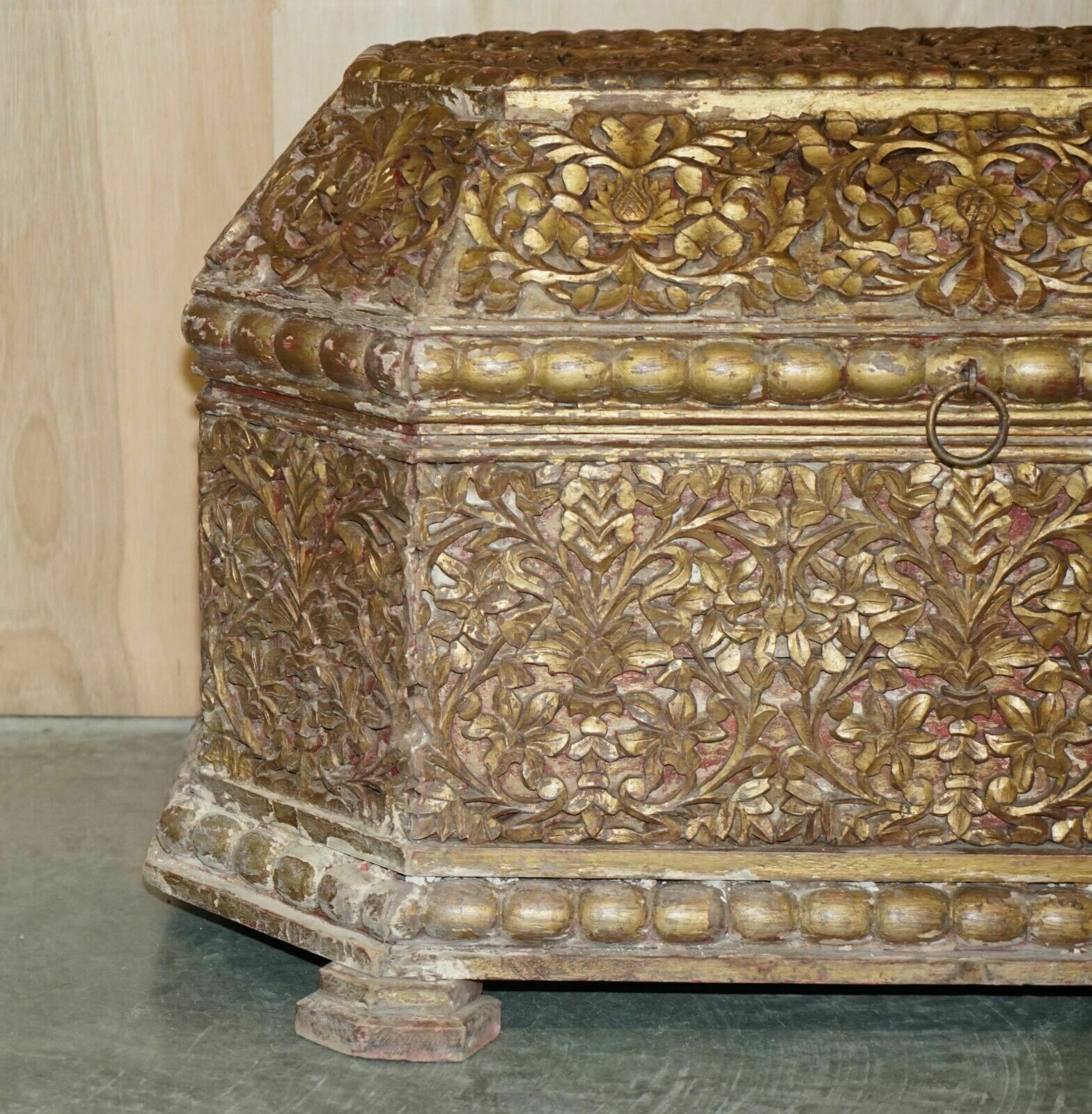 Antique Indian 18th Century Hand Carved & Painted Coffer Linen Trunk Or Chest photo for sale