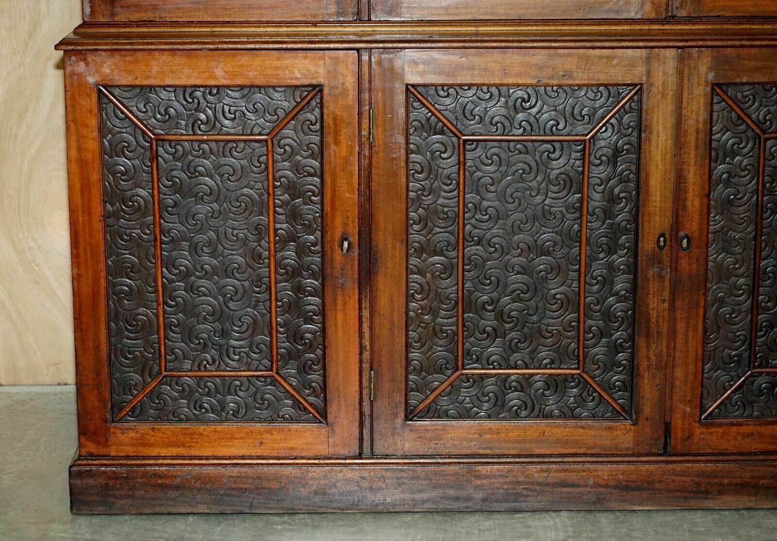 Stunning Antique Victorian Mahogany & Embossed Leather Library Bookcase Cupboard photo vintage