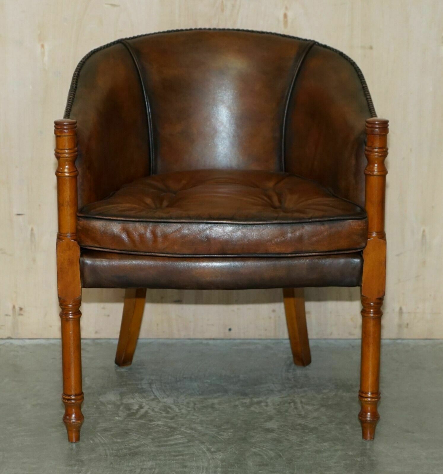Six Hand Dyed Brown Leather Thomas Chippendale Chesterfield Tub Club Armchairs photo for sale