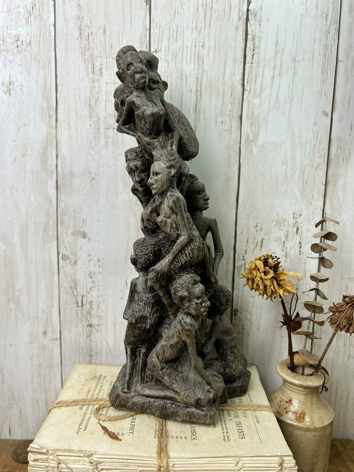Vintage Wooden Hand Carved African Folk Art Makonde Tree Of Life Family Statue photo for sale
