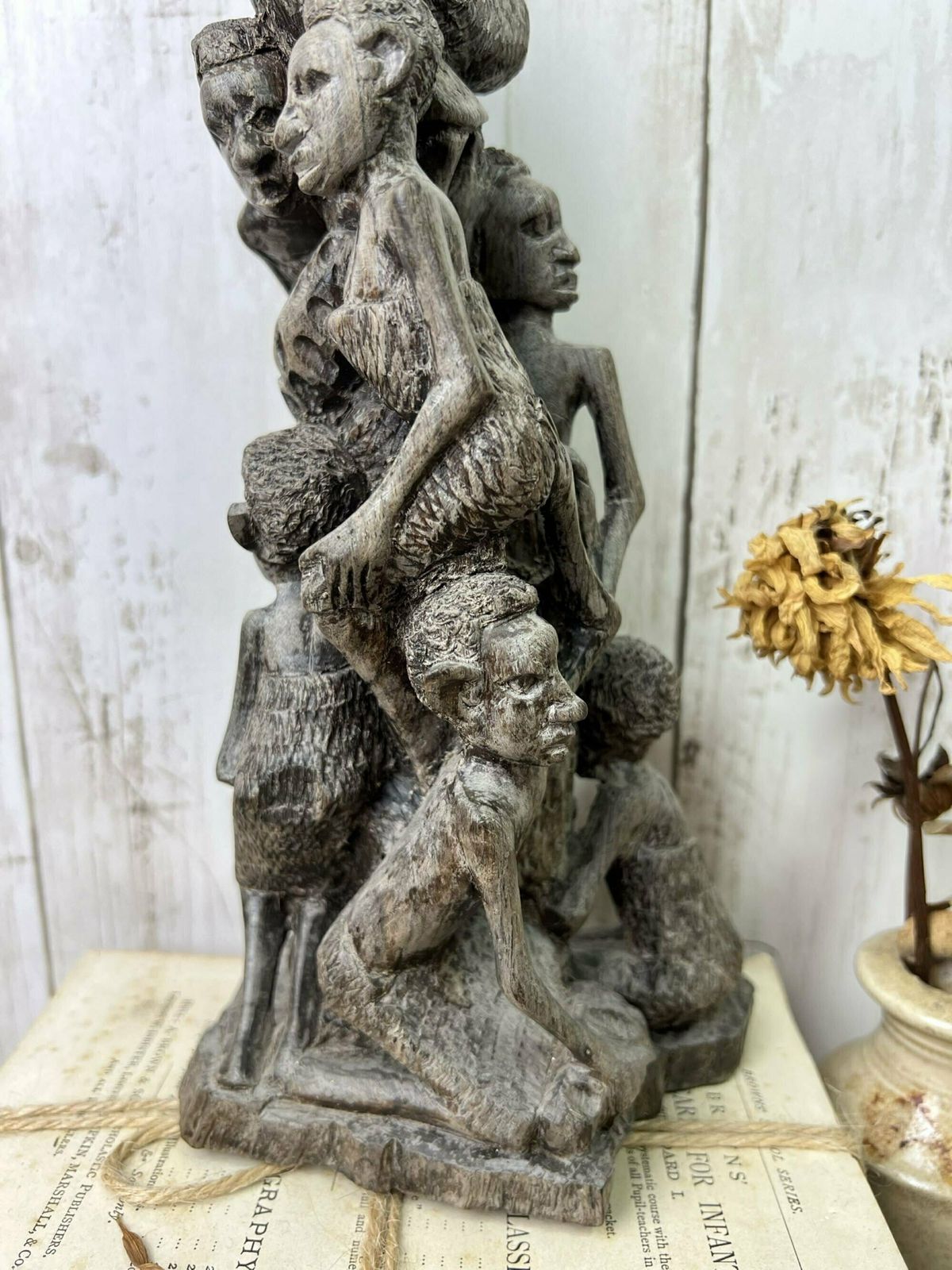Vintage Wooden Hand Carved African Folk Art Makonde Tree Of Life Family Statue photo 90.0