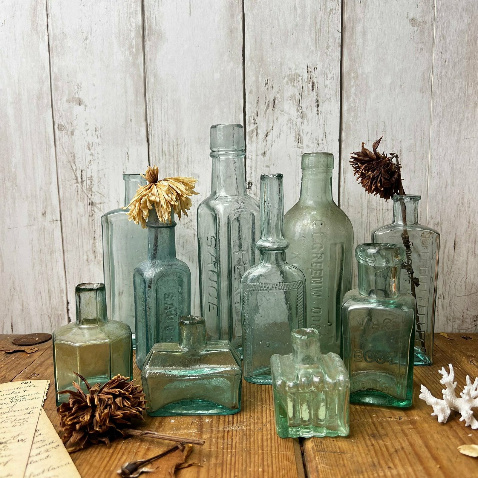 Collection Of Ten Antique Glass Poison Apothecary Chemist Bottles Vases