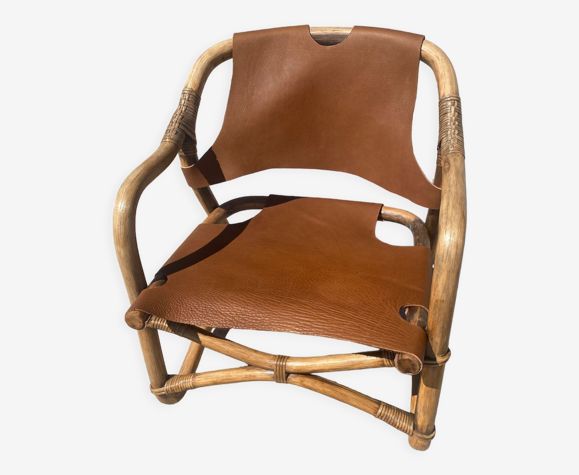 Mid Century Safari Armchair In Bamboo And Leather, Denmark, 1960s