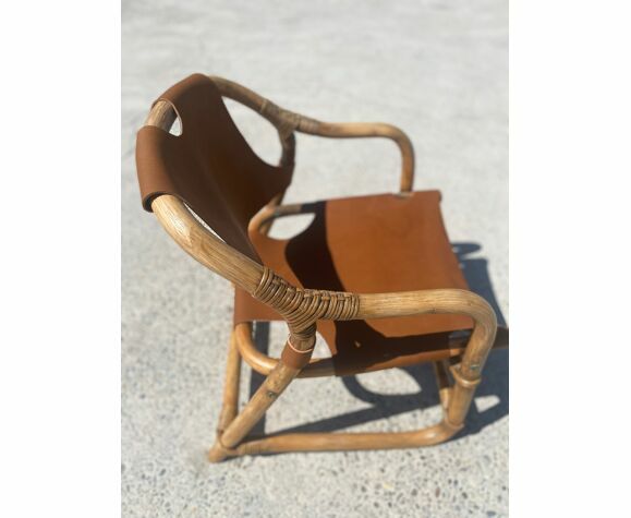 Mid Century Safari Armchair In Bamboo And Leather, Denmark, 1960s photo vintage