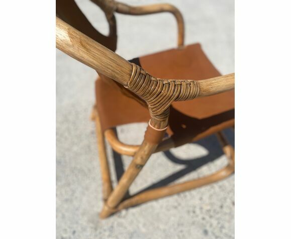 photo furniture Mid Century Safari Armchair In Bamboo And Leather, Denmark, 1960s