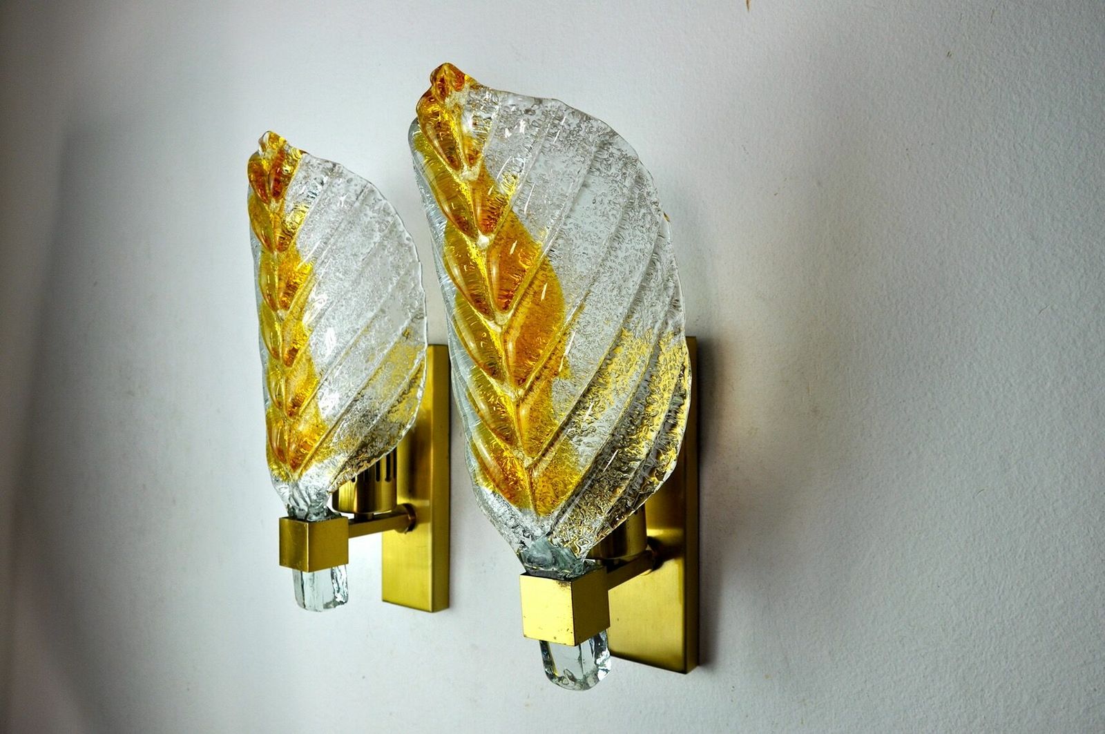 Pair Of "Leaf" Wall Lamps By Carl Fagerlund, Orange Murano Glass, Germany, 1970 photo vinterior