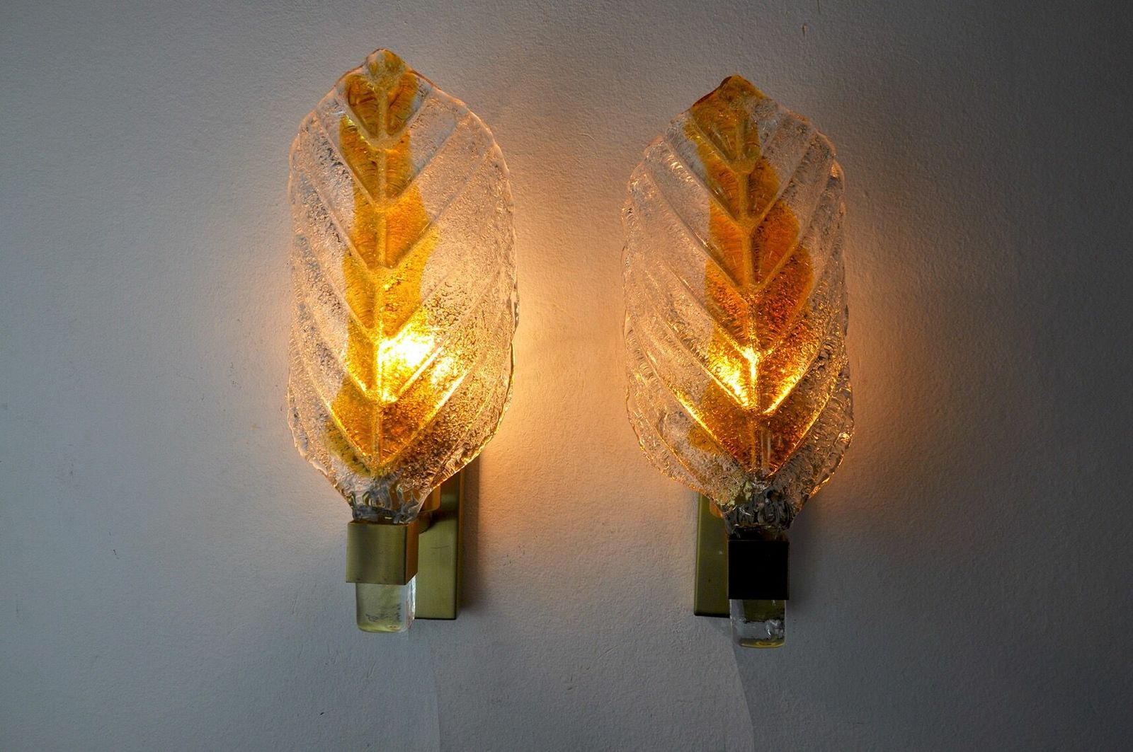 Pair Of "Leaf" Wall Lamps By Carl Fagerlund, Orange Murano Glass, Germany, 1970 photo vintage