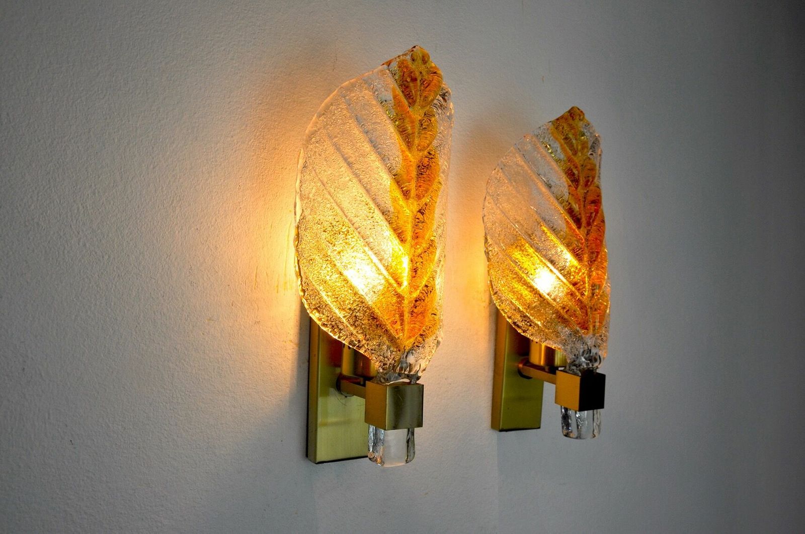 photo for sale Pair Of "Leaf" Wall Lamps By Carl Fagerlund, Orange Murano Glass, Germany, 1970