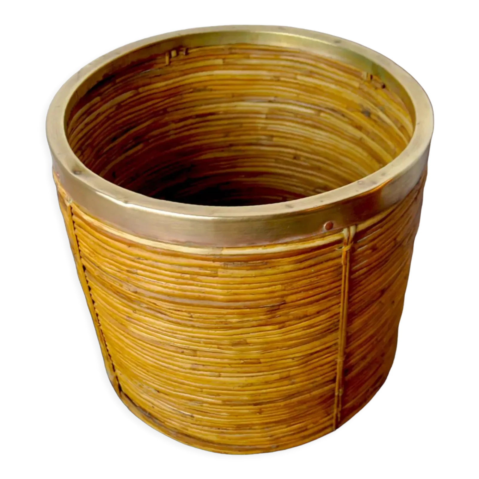 Rattan And Brass Planter Basket, Italy, 1970
