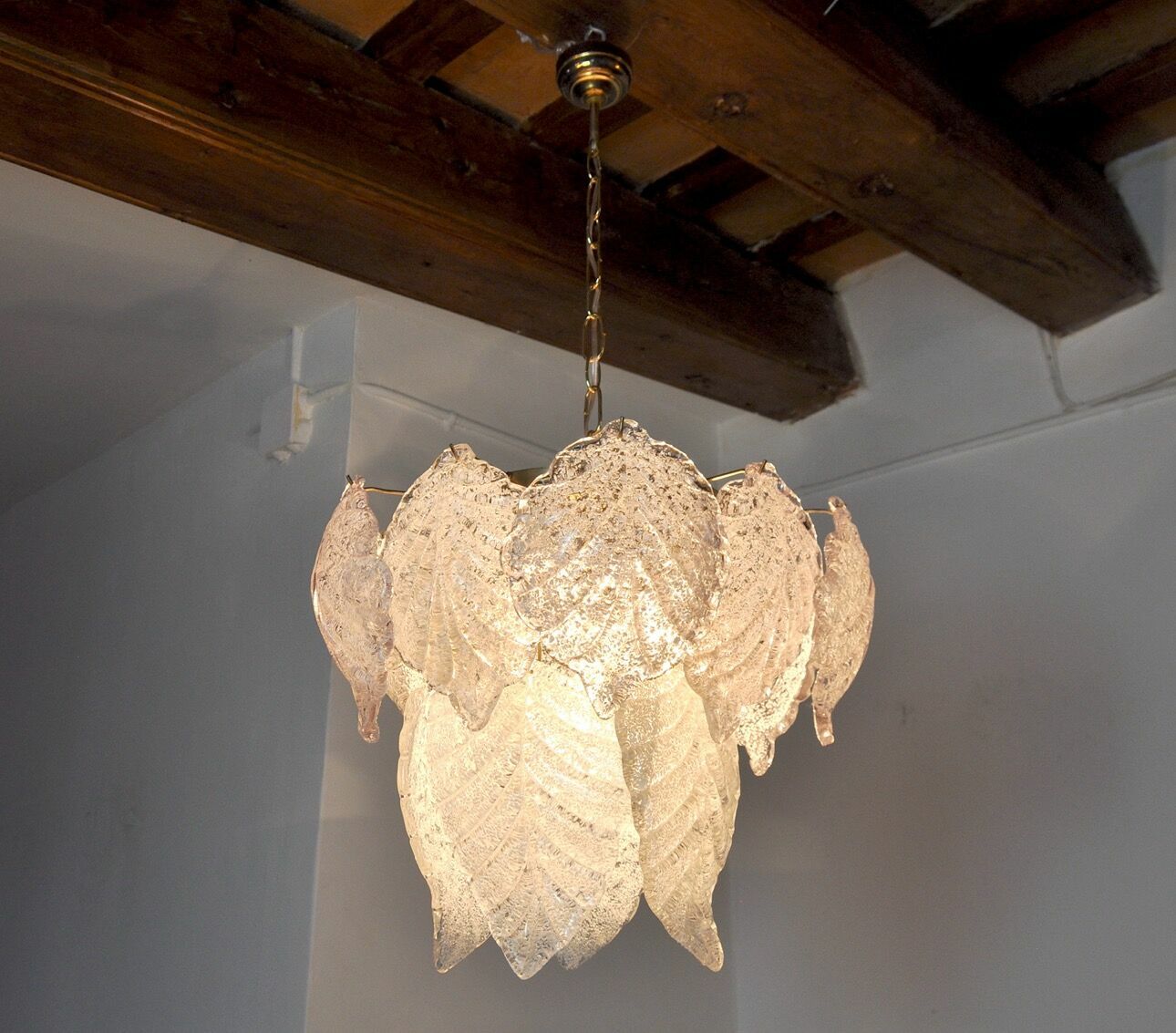 Chandelier "Leaves" 2 Levels, Frosted Glass, Murano Mazzega, Italy 1960 photo furniture