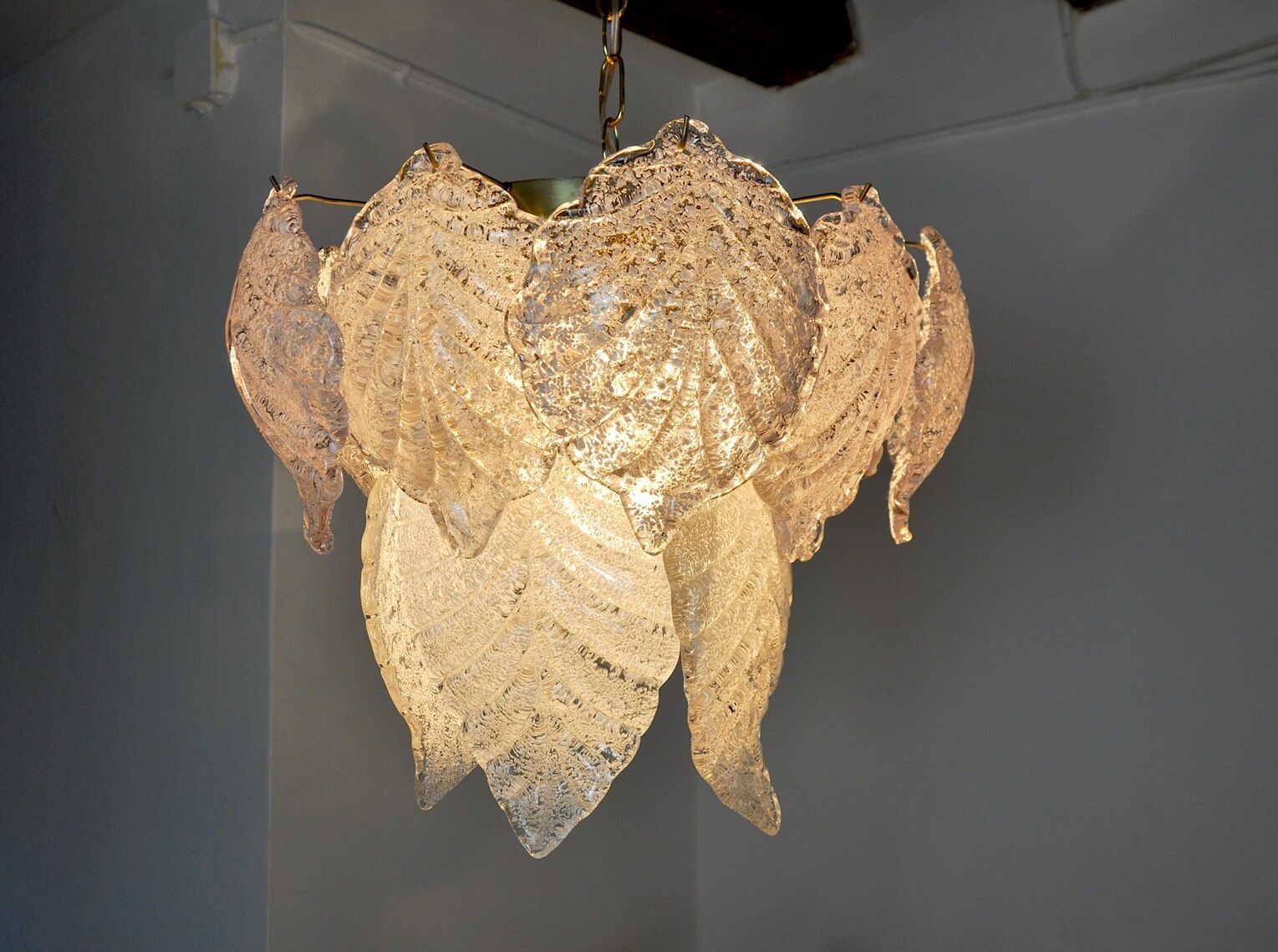 photo for sale Chandelier "Leaves" 2 Levels, Frosted Glass, Murano Mazzega, Italy 1960