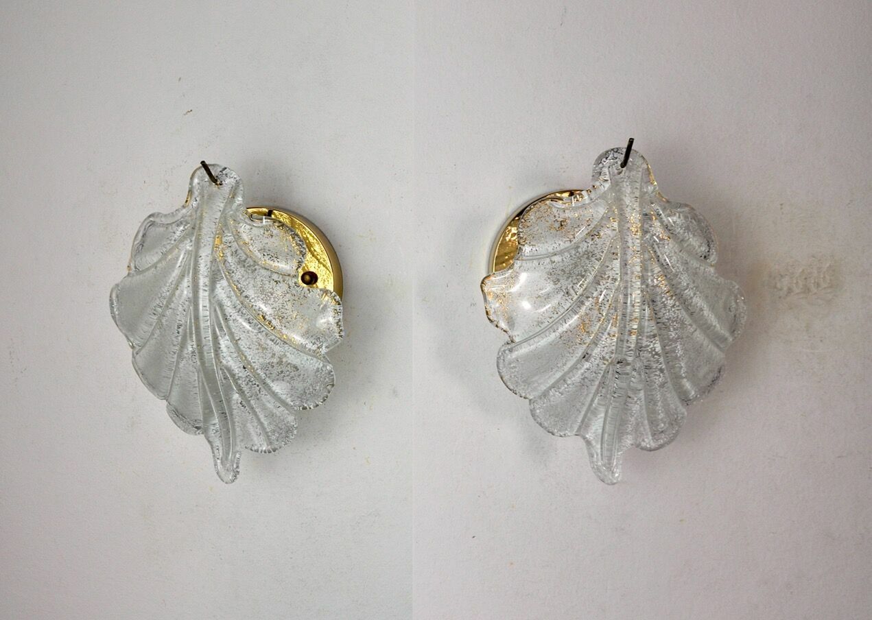 Pair Of Wall Lamps Feuille By Murano Mazzega In Frosted Glass Italy 1970 photo 1612.0