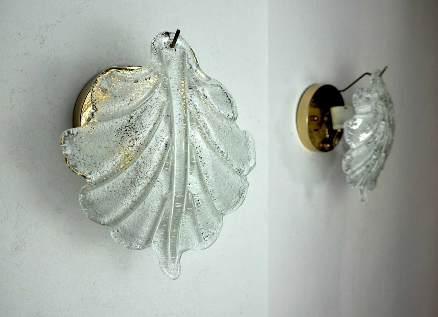 Pair Of Wall Lamps Feuille By Murano Mazzega In Frosted Glass Italy 1970 photo vintage
