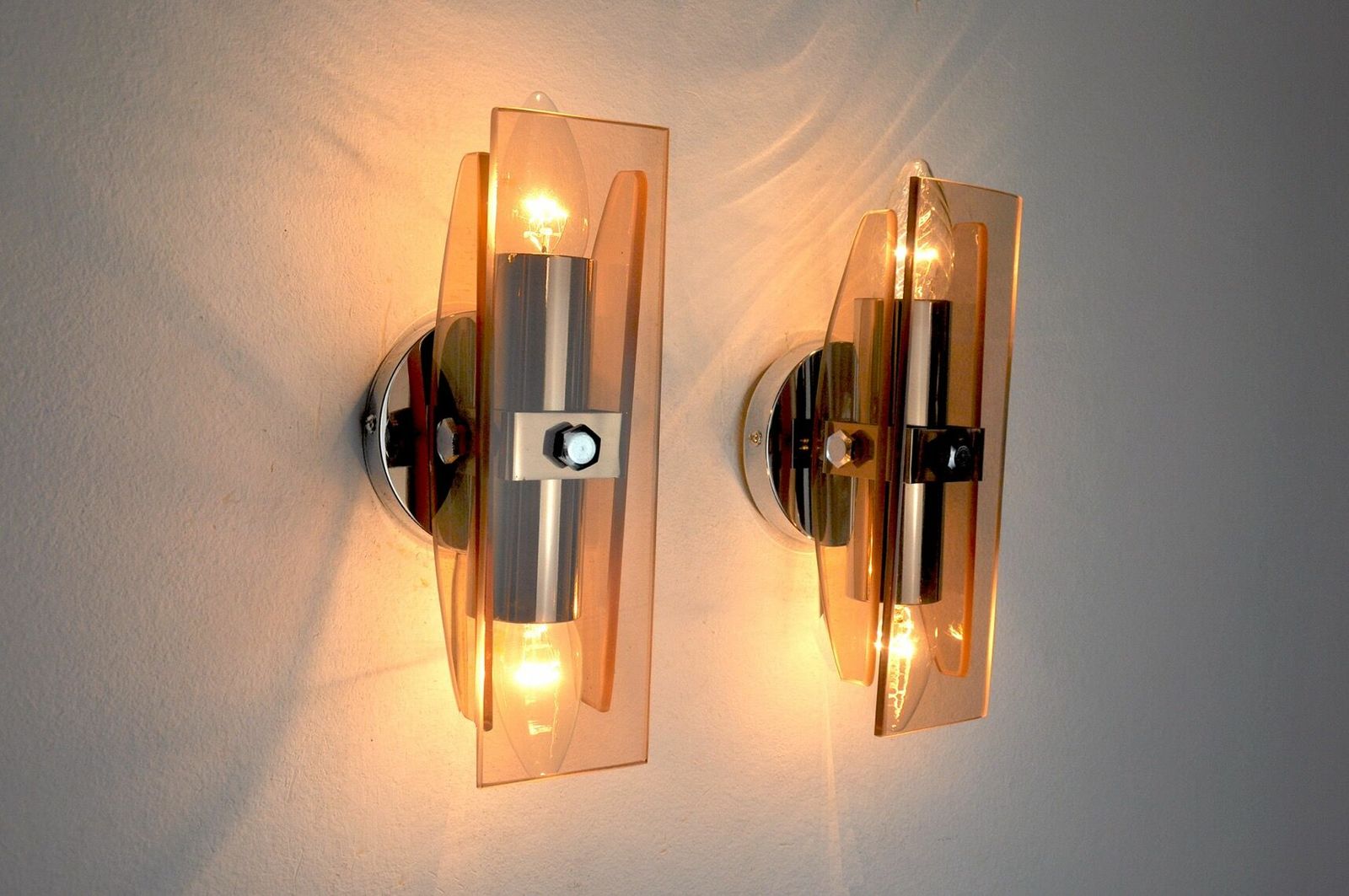 Pair Of Veca Sconces In Pink Murano Glass Italy 1970 photo for sale