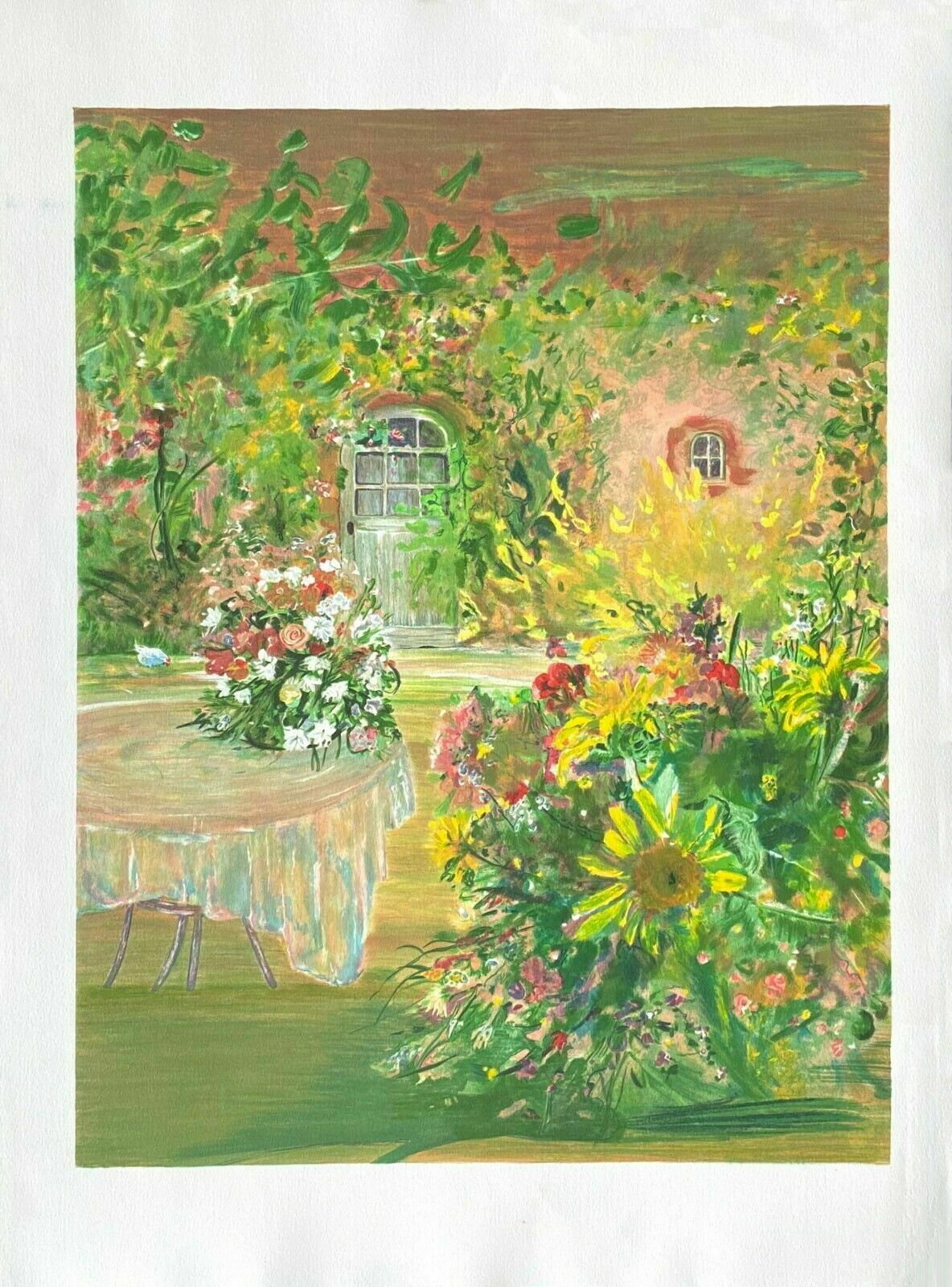 Beautiful Original Lithograph   Flower Garden By Anne Marie De La Caffinière