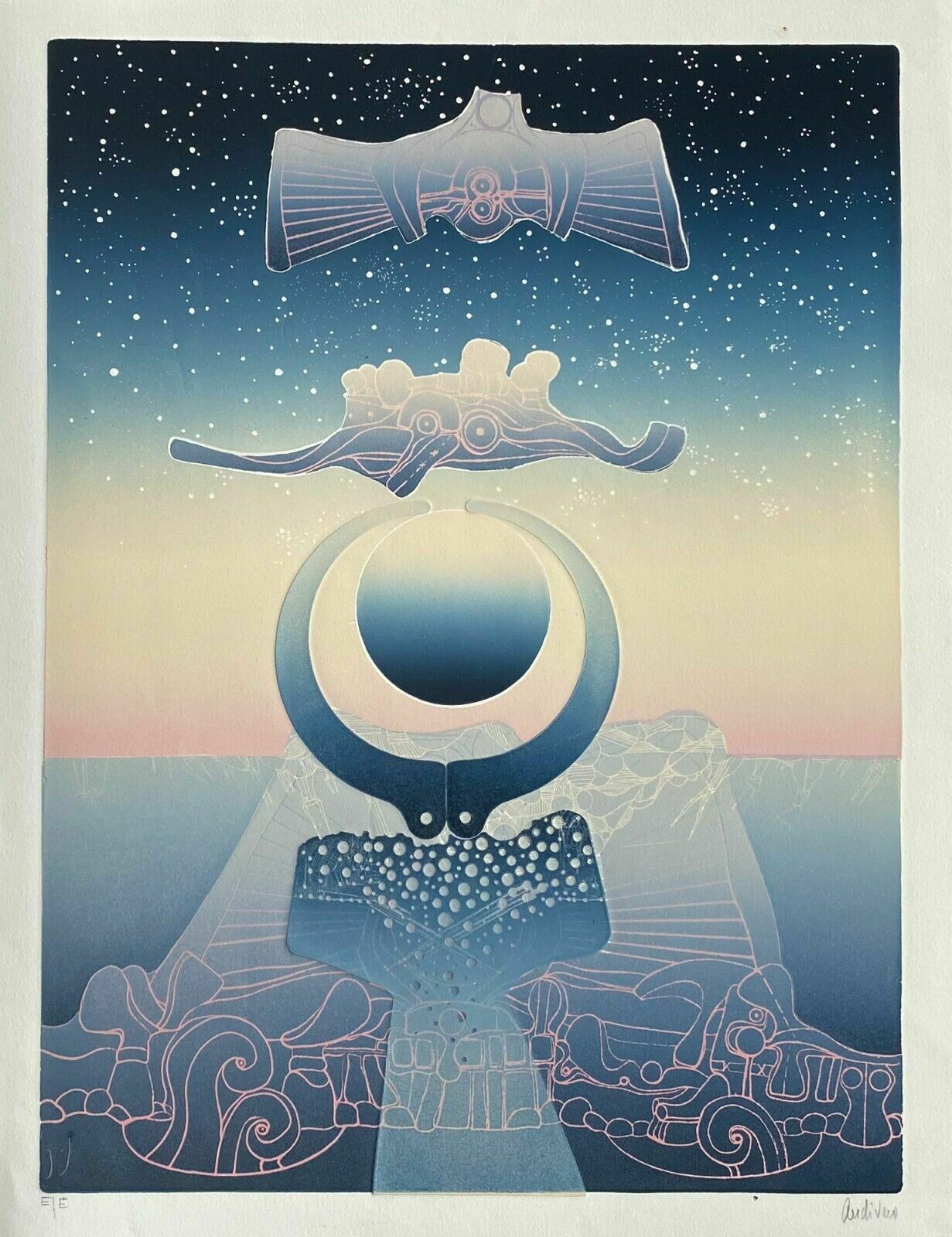 Andivero Antonio Beautiful Signed Lithograph El Oraculo Del Dia Alto Y Azul