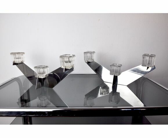 photo for sale Pair Of Peill & Putzler Candlesticks, Glass And Metal, Germany, 1970